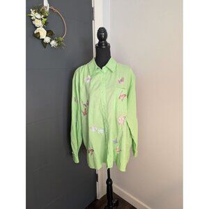 Quacker Factory Green Linen Blend Butterfly Embellished Button-Up Shirt - 2X